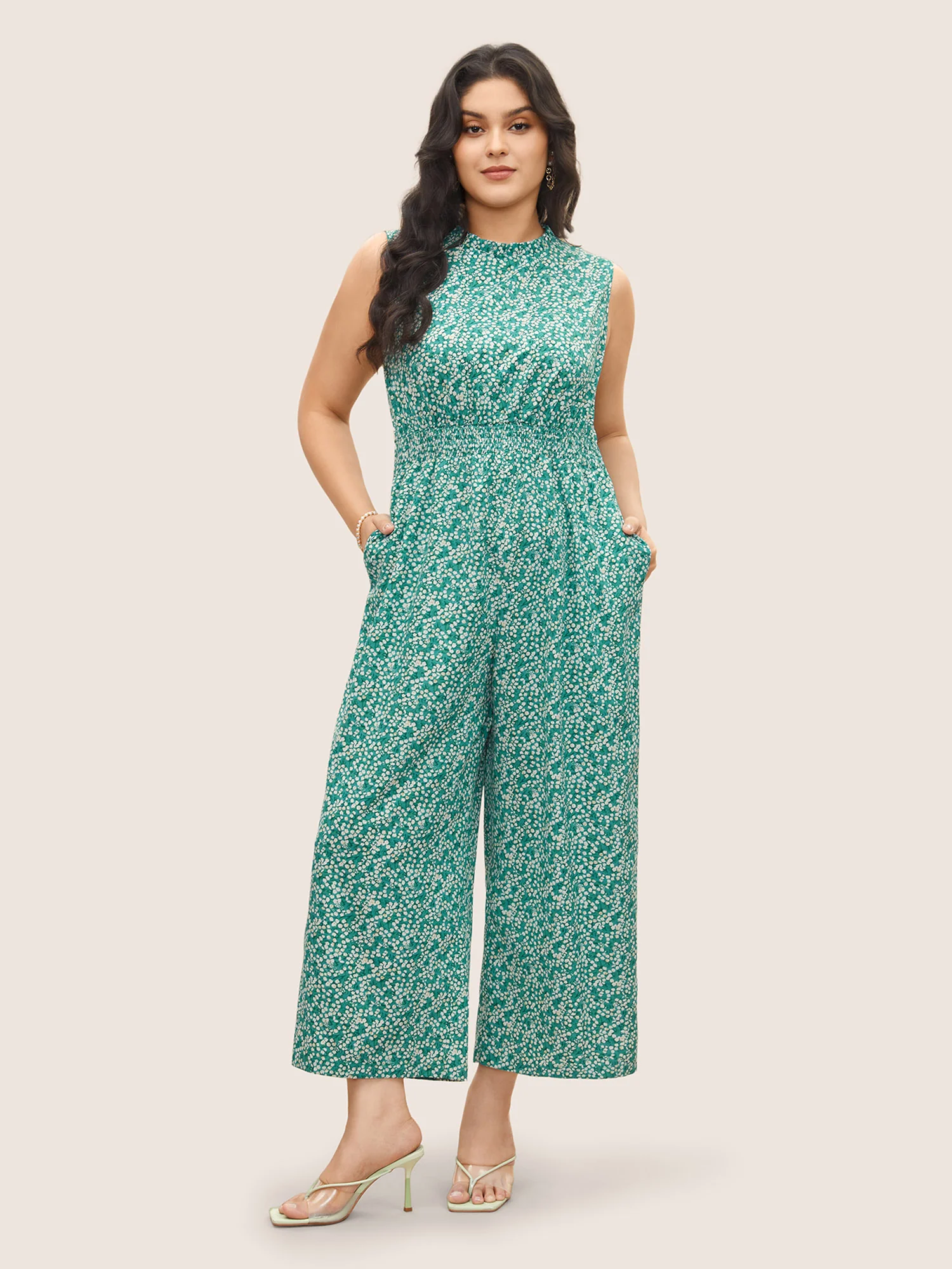 Ditsy Floral Mock Neck Shirred Jumpsuit - Image 2