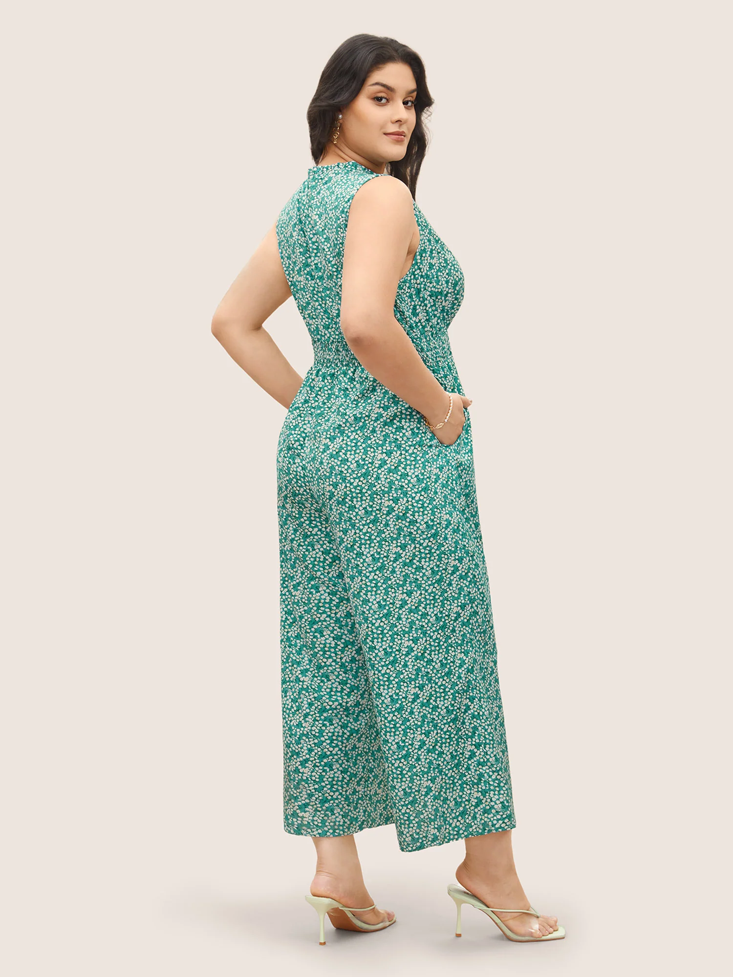 Ditsy Floral Mock Neck Shirred Jumpsuit - Image 3
