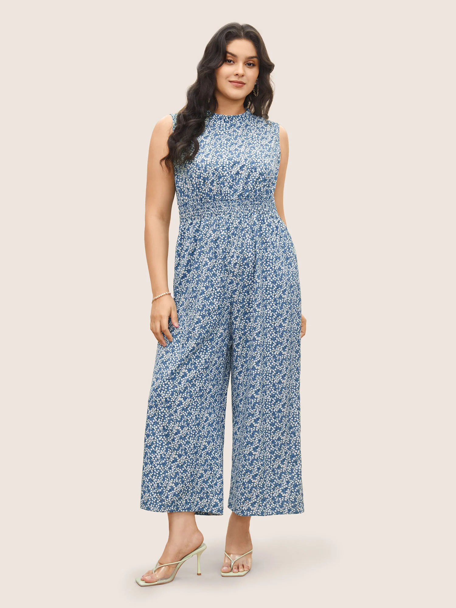 Ditsy Floral Mock Neck Shirred Jumpsuit - Image 8