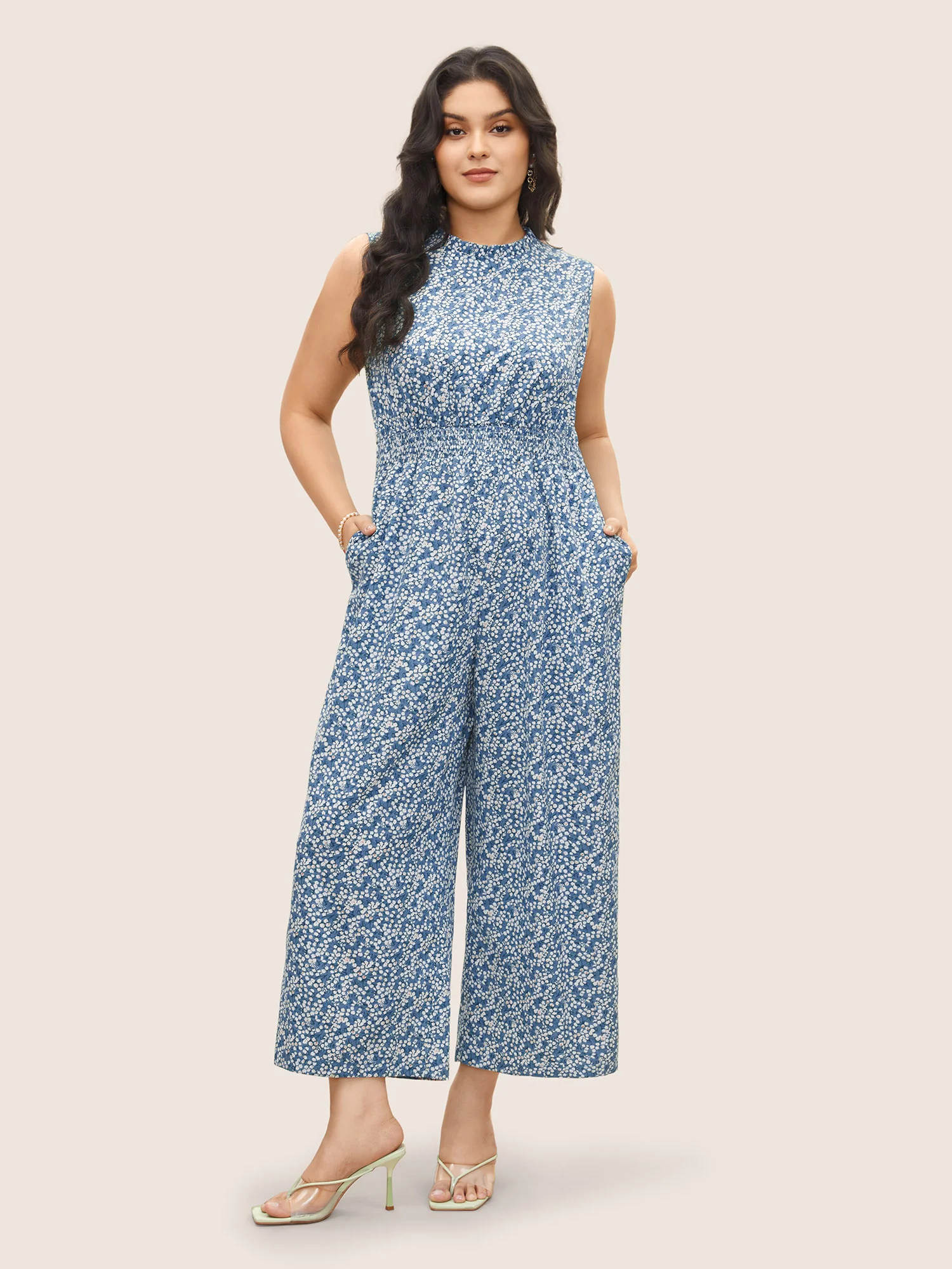 Ditsy Floral Mock Neck Shirred Jumpsuit - Image 9