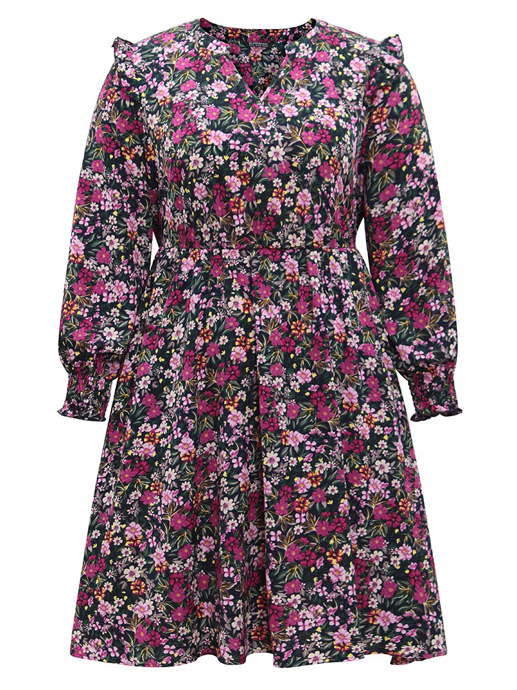Ditsy Floral Notched Pocket Shirred Cuffs Dress - Image 5