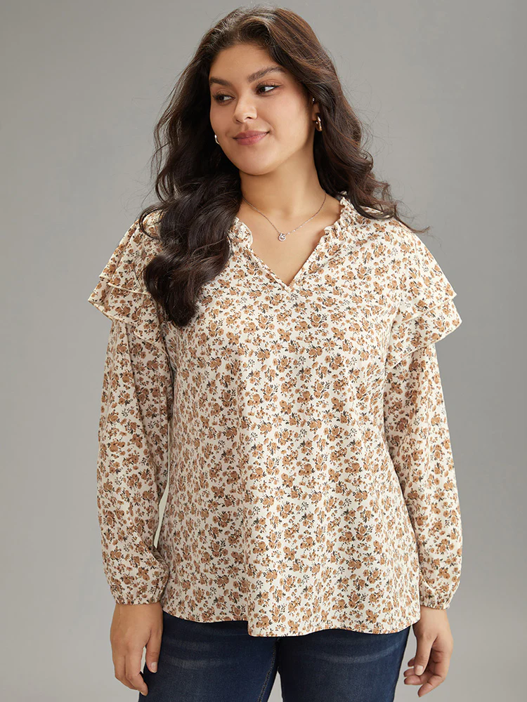 Ditsy Floral Notched Tiered Ruffles Lantern Sleeve Blouse - Image 2