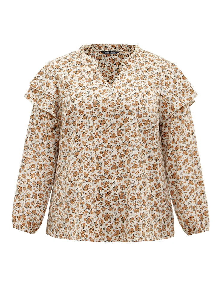 Ditsy Floral Notched Tiered Ruffles Lantern Sleeve Blouse - Image 6
