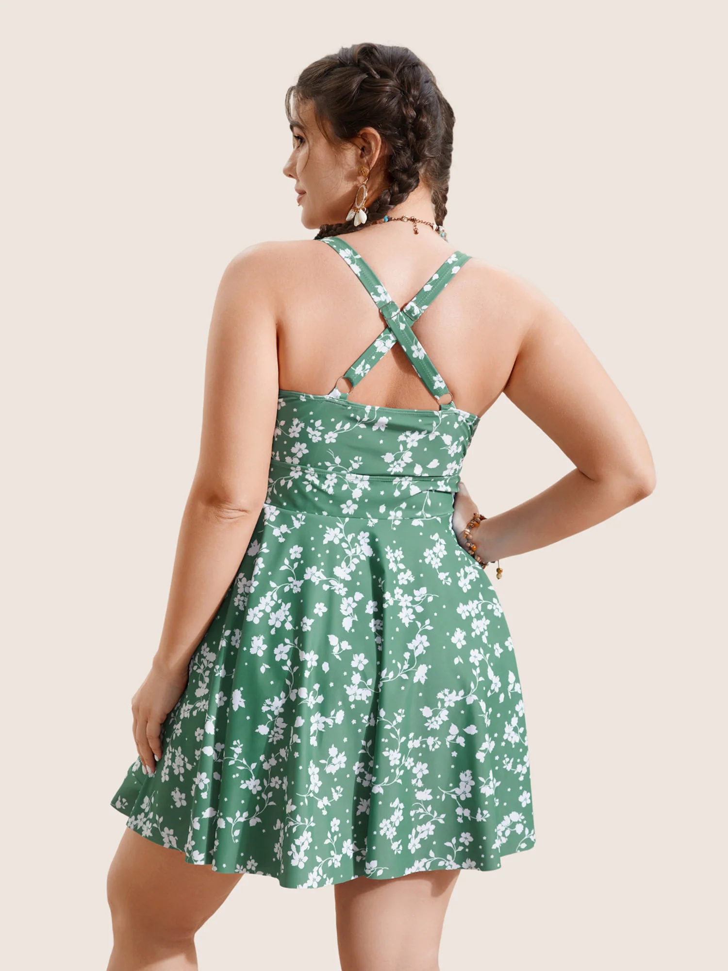 Ditsy Floral Overlap Collar Tie Knot Swim Dress - Image 2