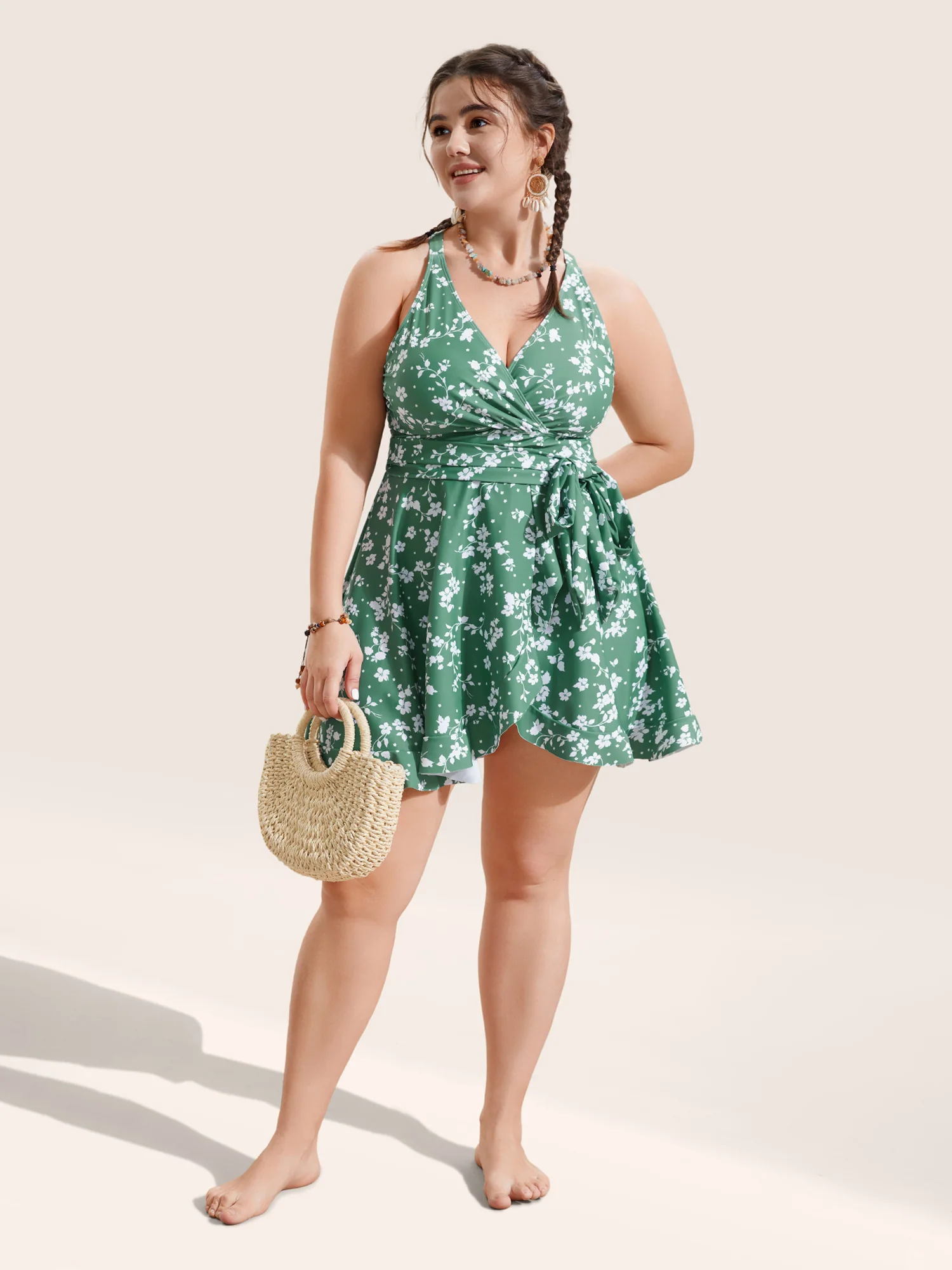 Ditsy Floral Overlap Collar Tie Knot Swim Dress - Image 3