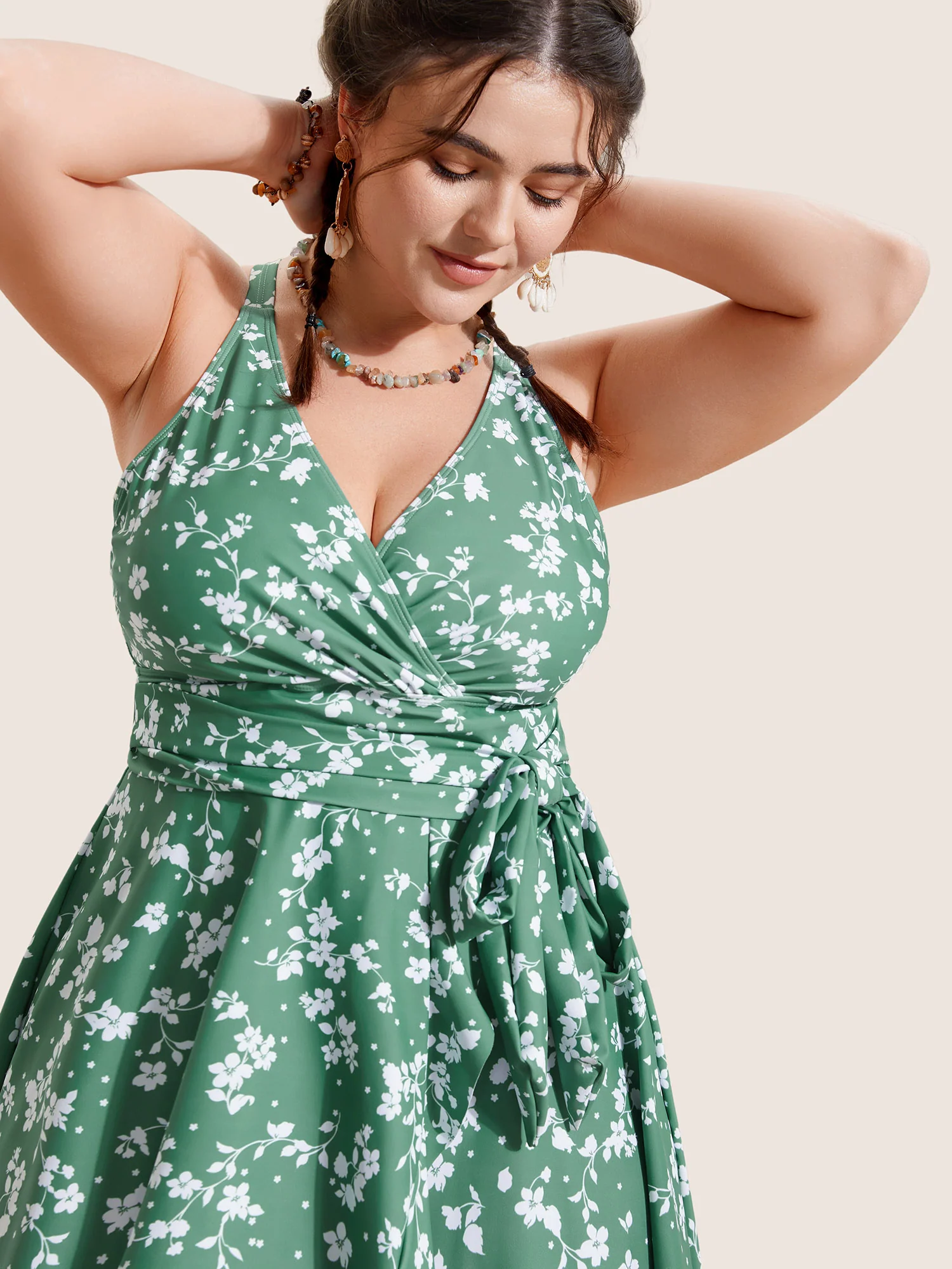 Ditsy Floral Overlap Collar Tie Knot Swim Dress - Image 4