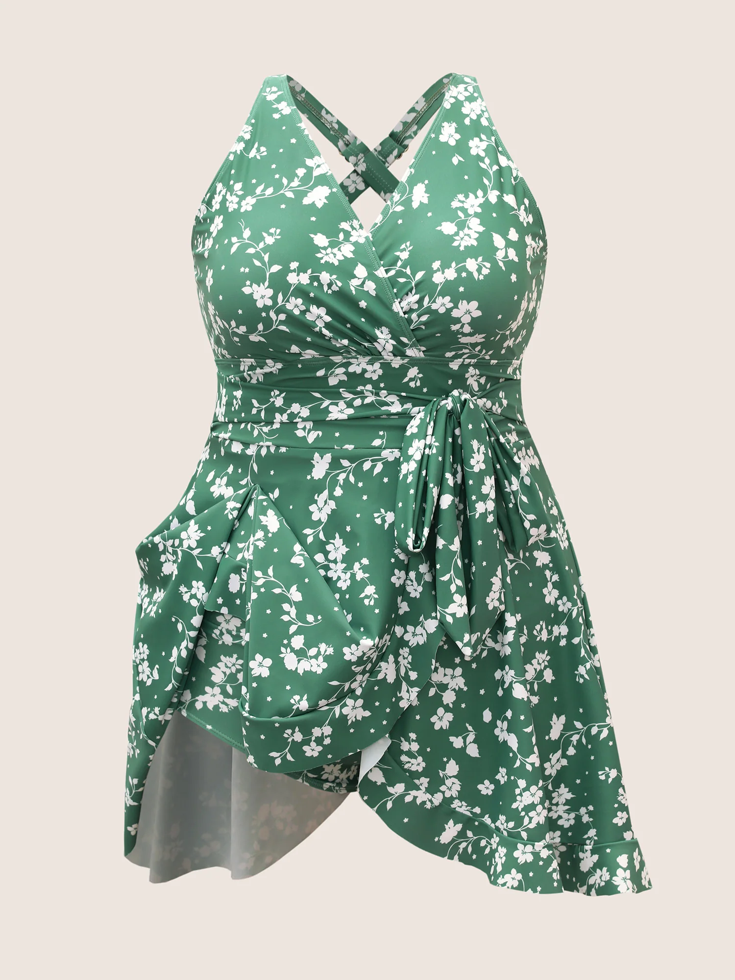 Ditsy Floral Overlap Collar Tie Knot Swim Dress - Image 7