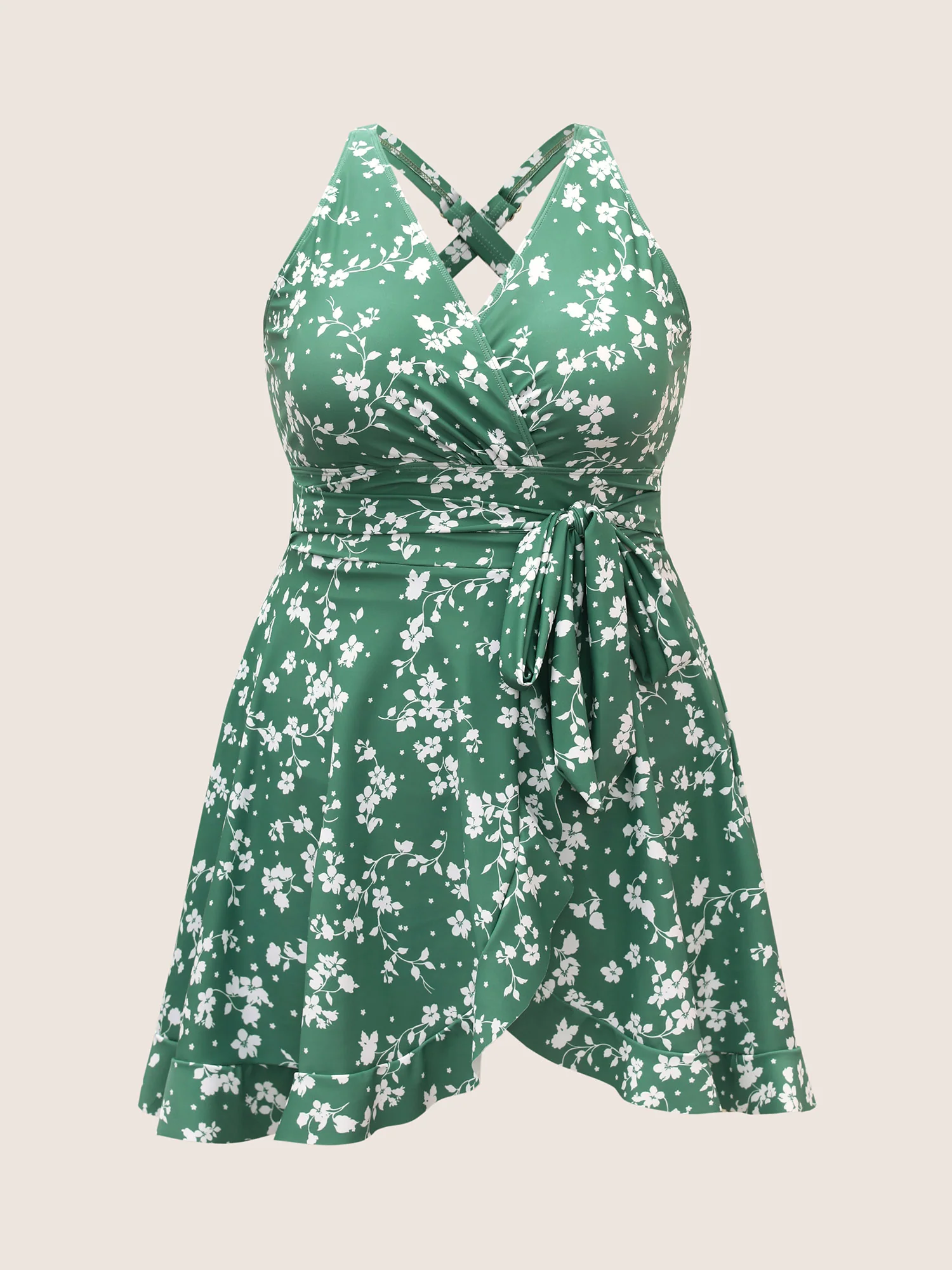 Ditsy Floral Overlap Collar Tie Knot Swim Dress - Image 8