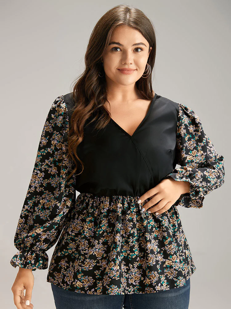 Ditsy Floral Patchwork Elastic Waist Blouse - Image 2