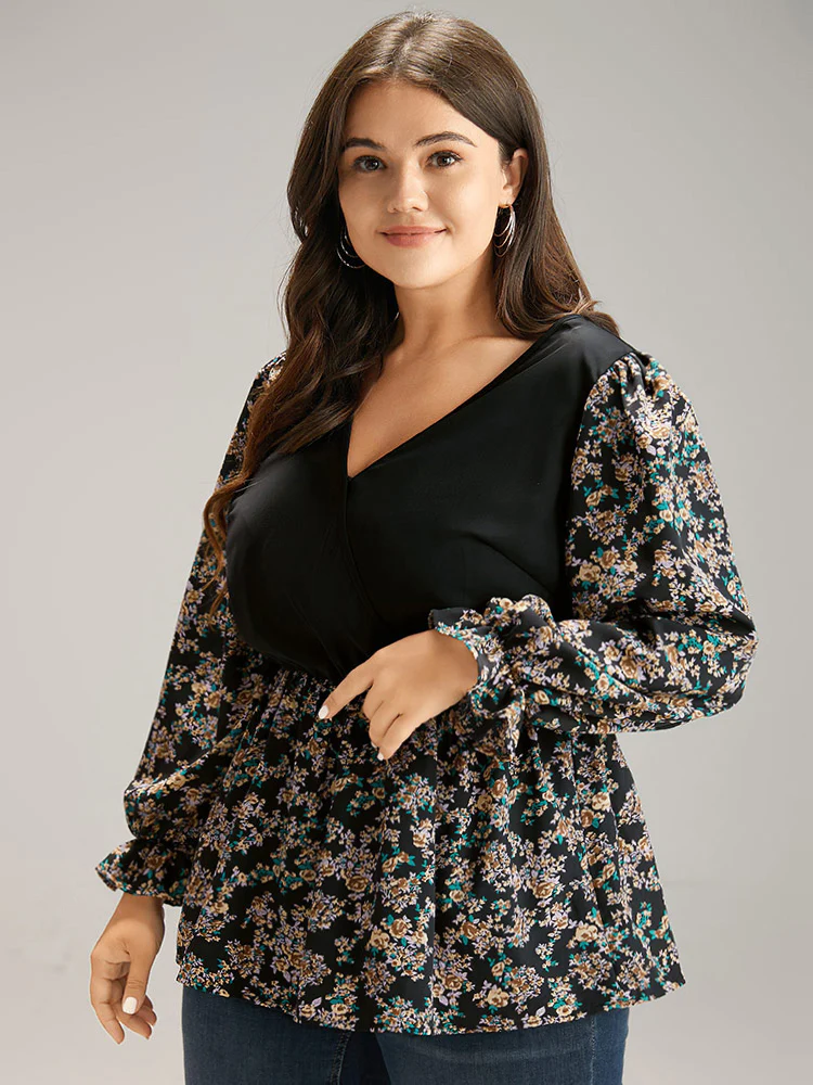 Ditsy Floral Patchwork Elastic Waist Blouse - Image 3