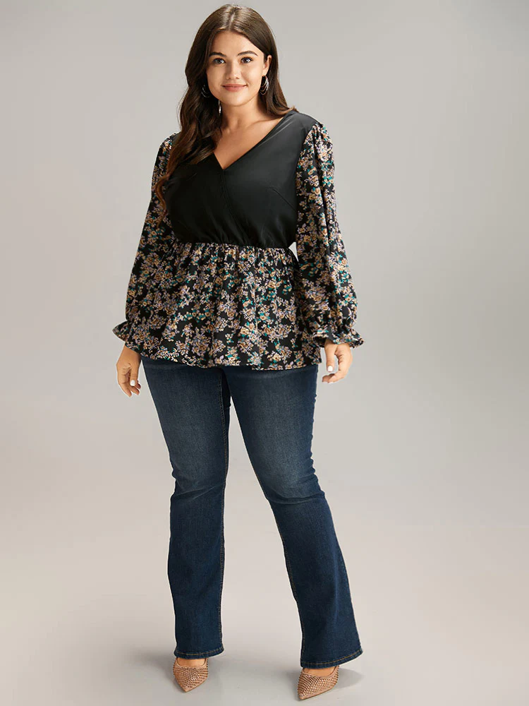 Ditsy Floral Patchwork Elastic Waist Blouse - Image 4