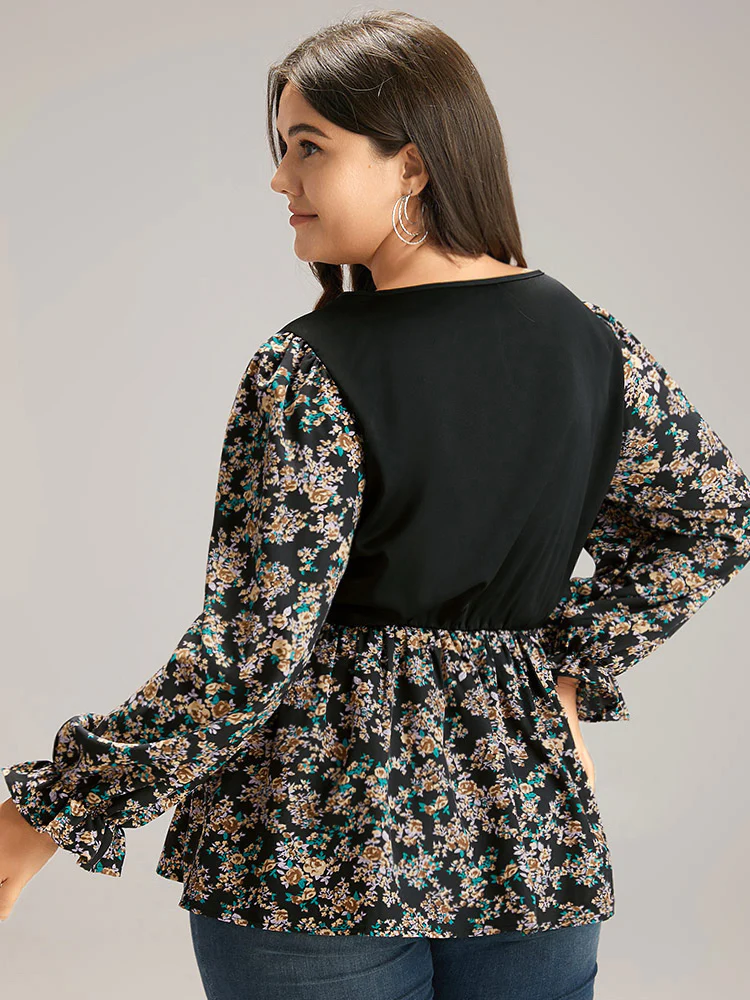 Ditsy Floral Patchwork Elastic Waist Blouse - Image 5