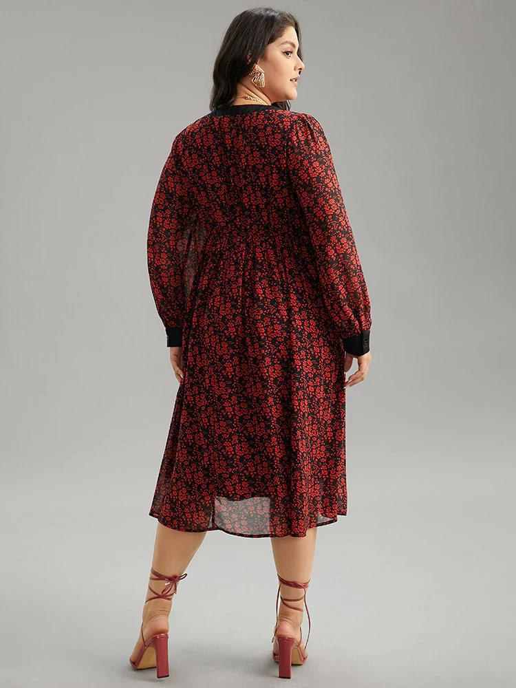 Ditsy Floral Patchwork Elastic Waist Ties Dress - Image 3