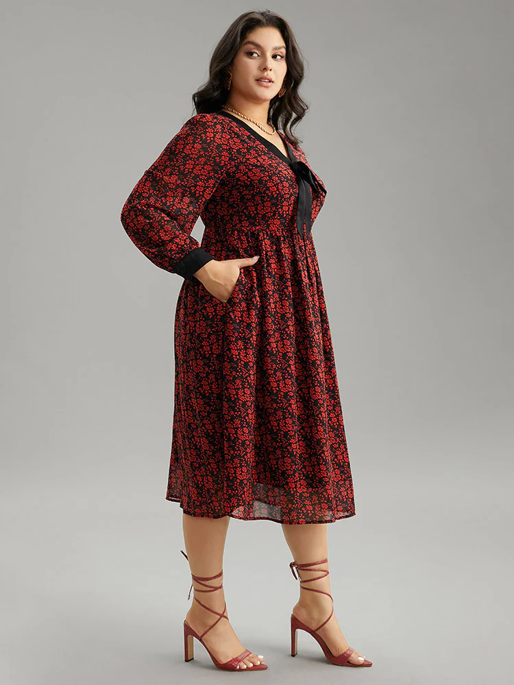 Ditsy Floral Patchwork Elastic Waist Ties Dress - Image 4