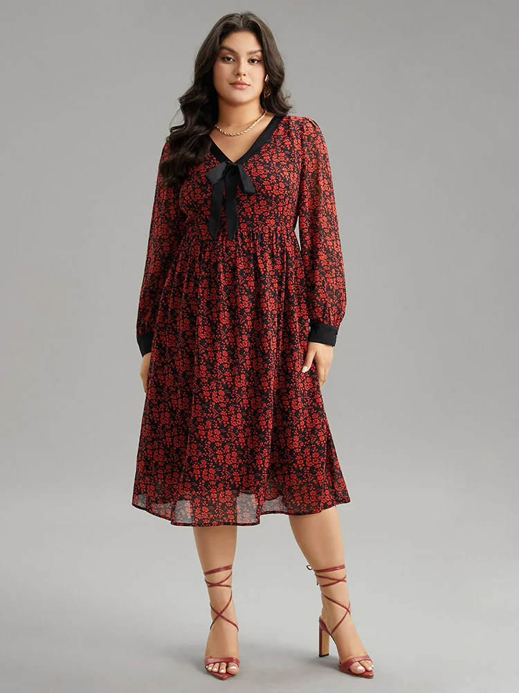 Ditsy Floral Patchwork Elastic Waist Ties Dress - Image 5