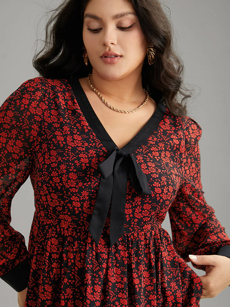 Ditsy Floral Patchwork Elastic Waist Ties Dress - Image 6
