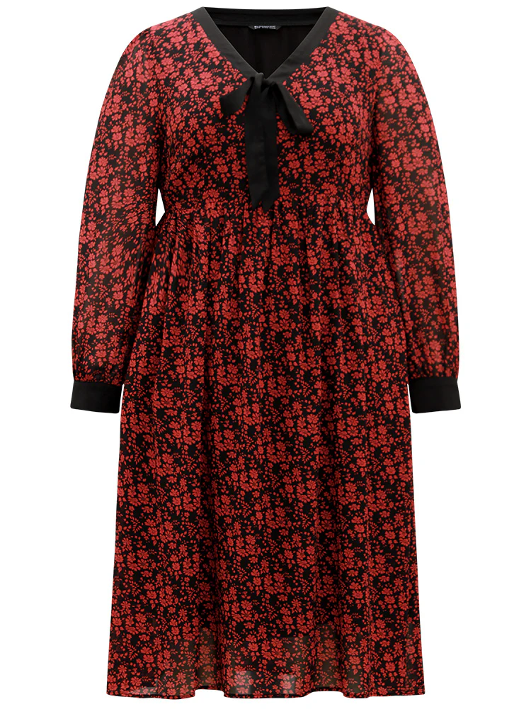 Ditsy Floral Patchwork Elastic Waist Ties Dress - Image 7