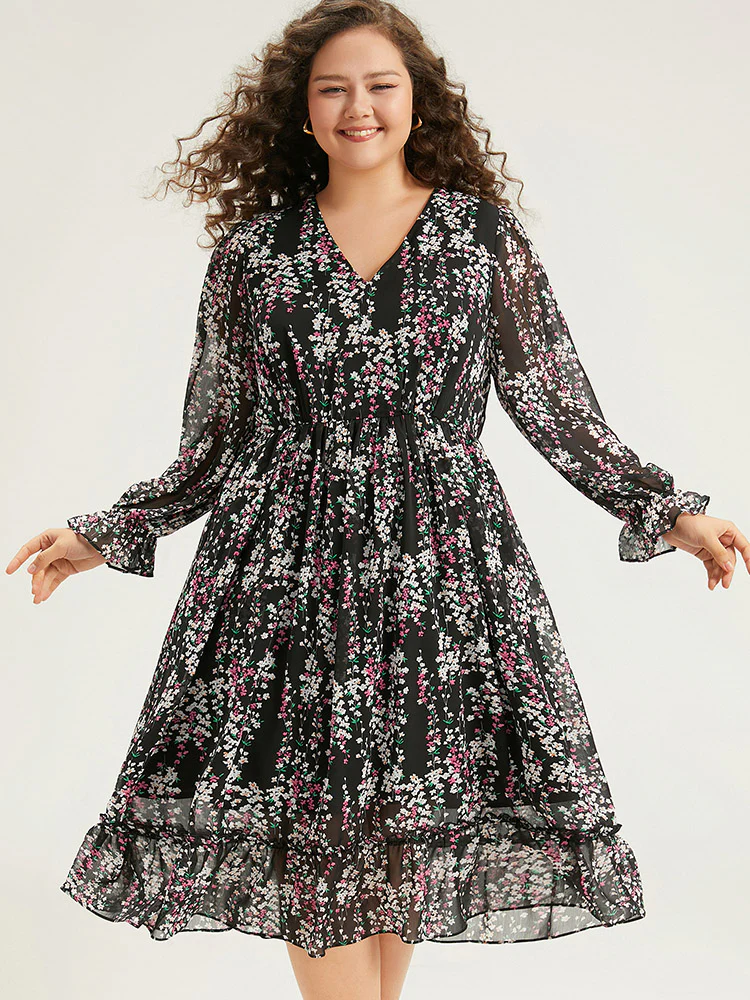 Ditsy Floral Chiffon Patchwork Frill Trim Dress