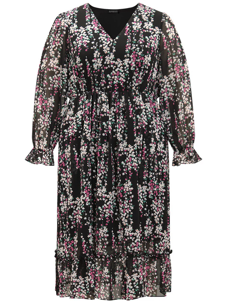 Ditsy Floral Chiffon Patchwork Frill Trim Dress - Image 10