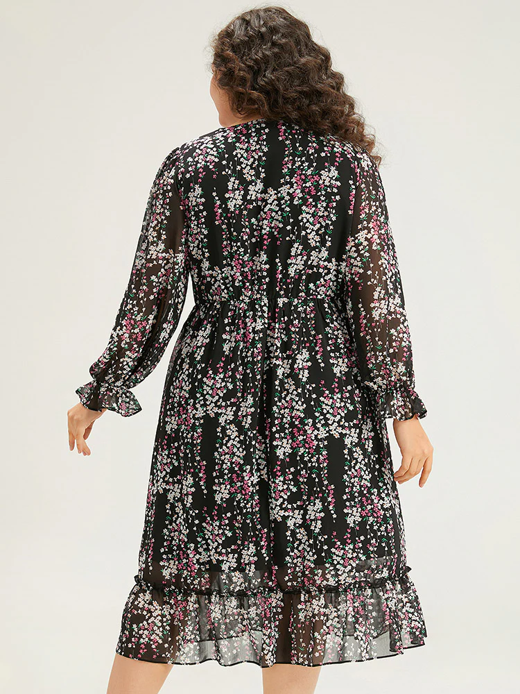 Ditsy Floral Chiffon Patchwork Frill Trim Dress - Image 2