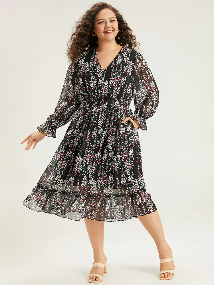 Ditsy Floral Chiffon Patchwork Frill Trim Dress - Image 3
