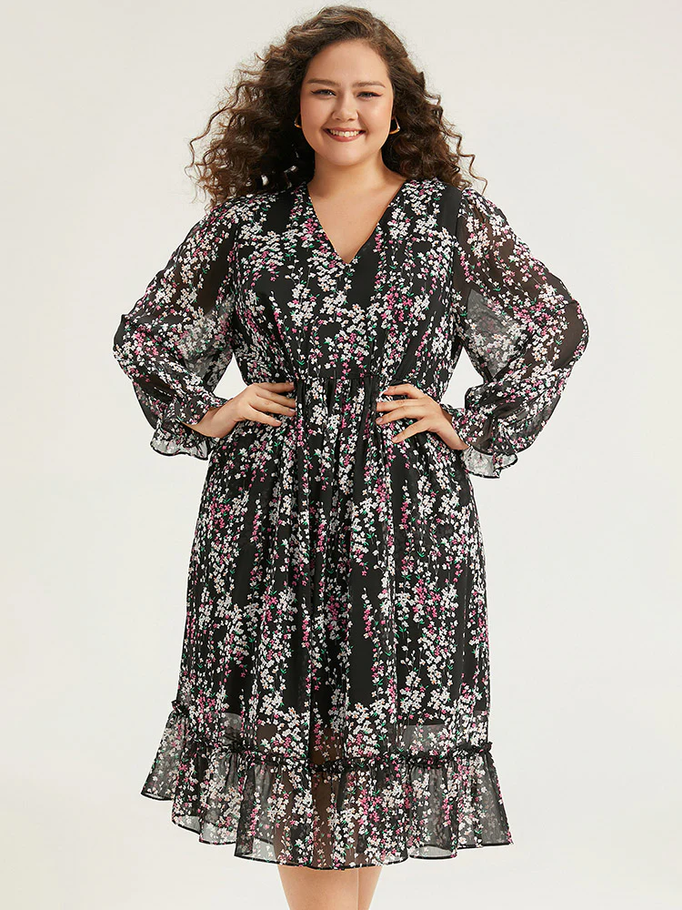 Ditsy Floral Chiffon Patchwork Frill Trim Dress - Image 4