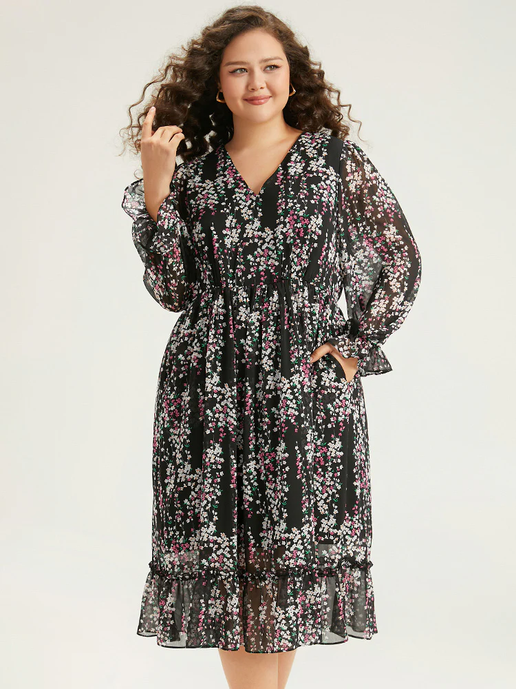 Ditsy Floral Chiffon Patchwork Frill Trim Dress - Image 5