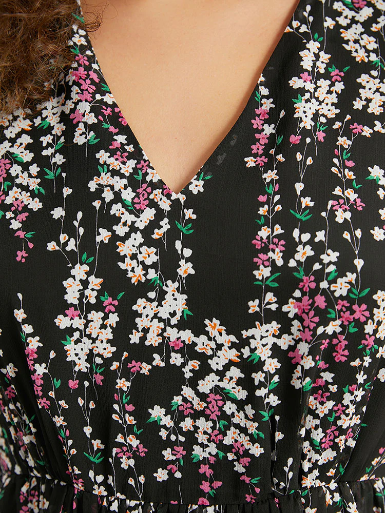 Ditsy Floral Chiffon Patchwork Frill Trim Dress - Image 7