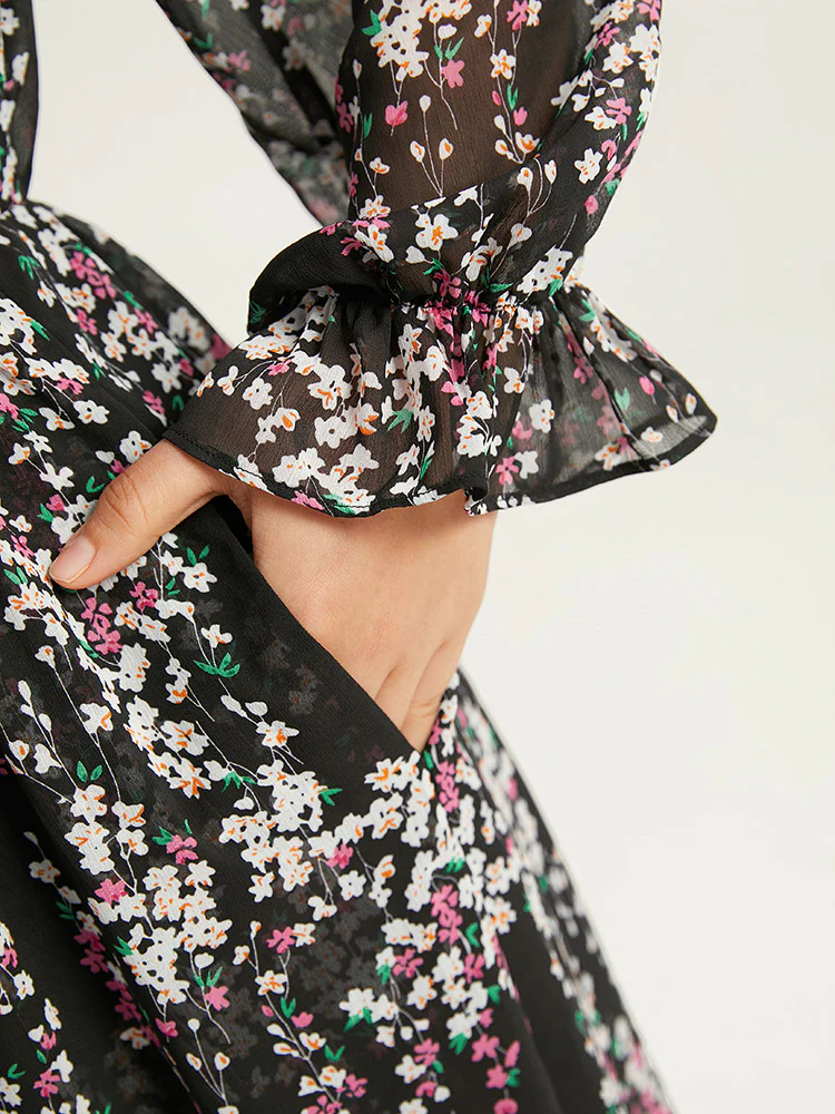 Ditsy Floral Chiffon Patchwork Frill Trim Dress - Image 8