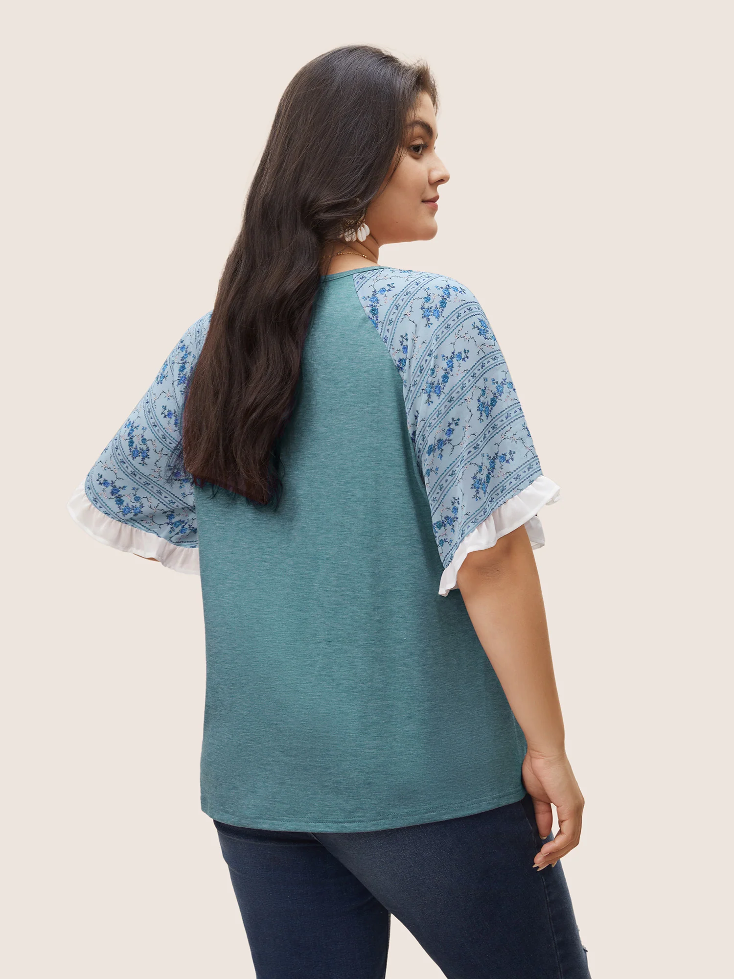 Ditsy Floral Patchwork Frill Trim Raglan Sleeve T-shirt - Image 2