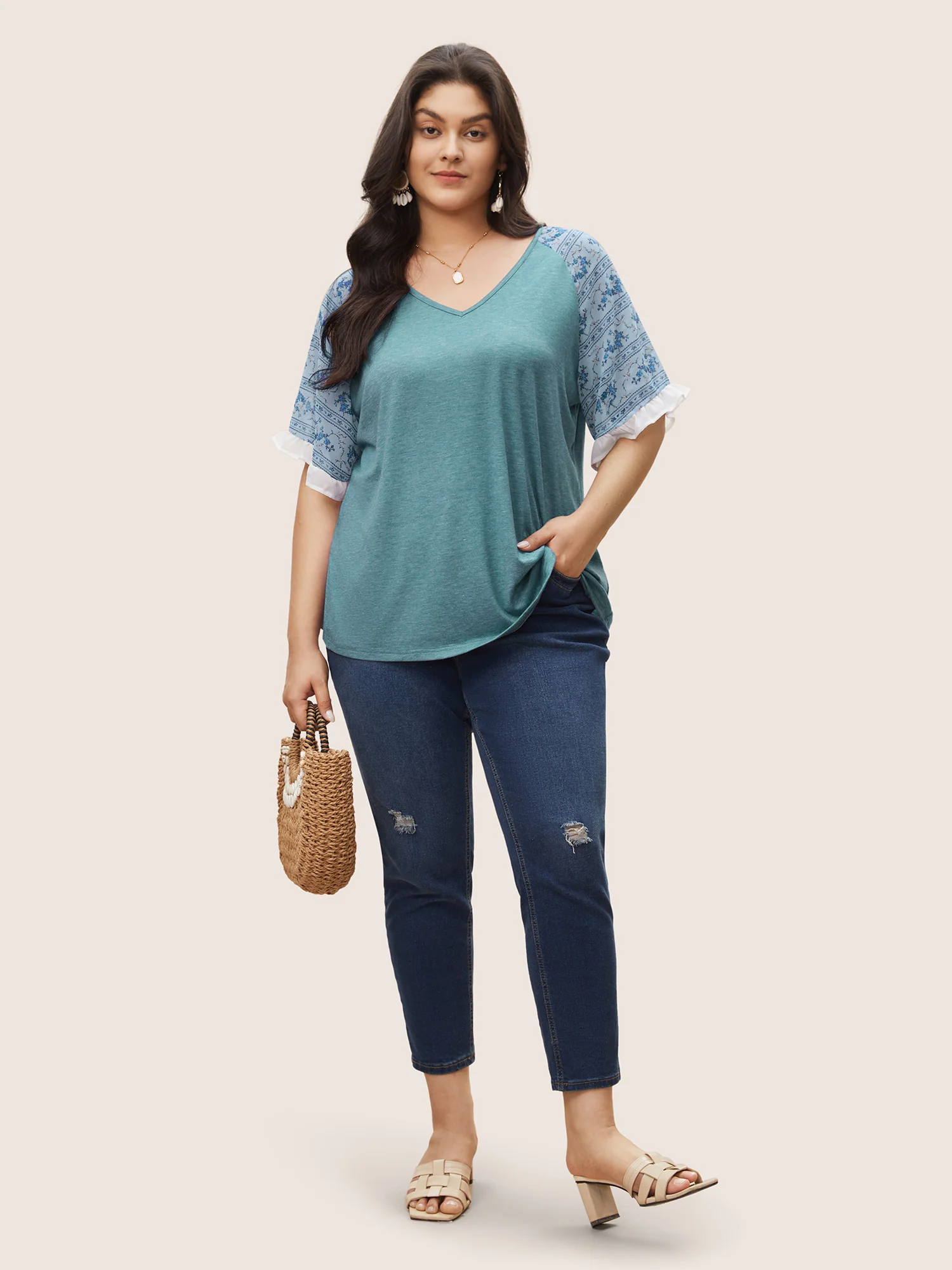 Ditsy Floral Patchwork Frill Trim Raglan Sleeve T-shirt - Image 3
