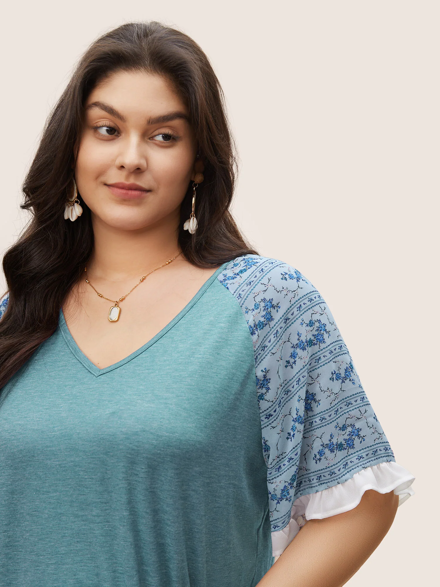 Ditsy Floral Patchwork Frill Trim Raglan Sleeve T-shirt - Image 4