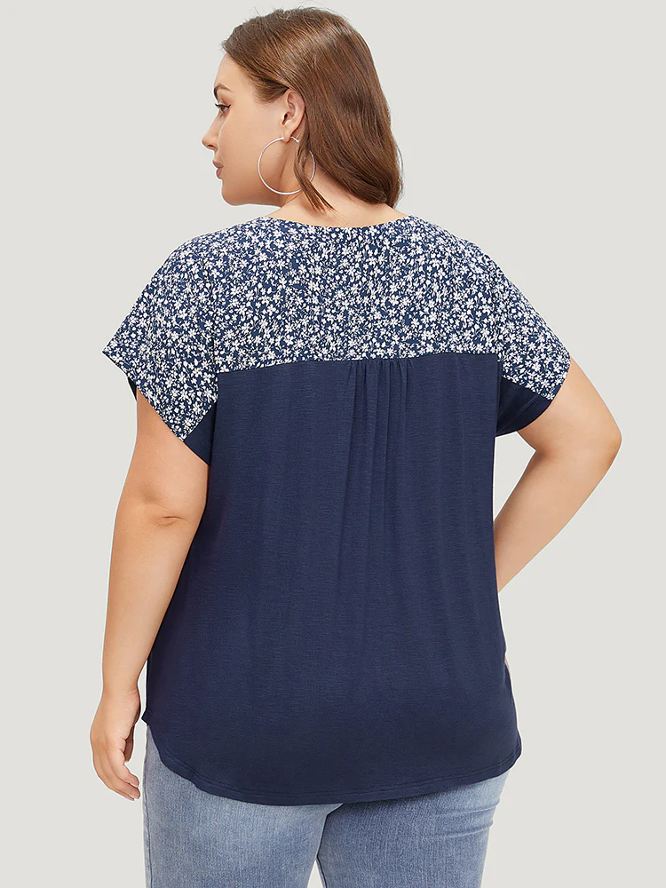 Ditsy Floral Patchwork Lace Up Notched T-shirt - Image 6