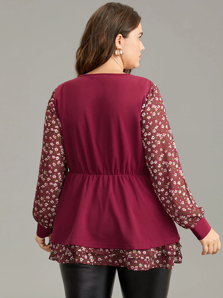 Ditsy Floral Patchwork Layered Metal Buckle Detail Blouse - Image 2