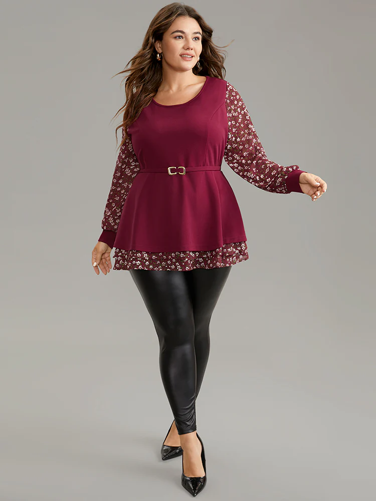 Ditsy Floral Patchwork Layered Metal Buckle Detail Blouse - Image 3