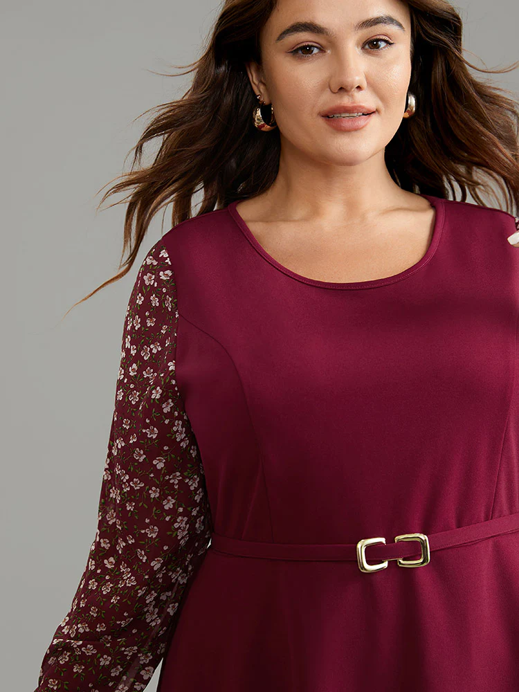 Ditsy Floral Patchwork Layered Metal Buckle Detail Blouse - Image 4