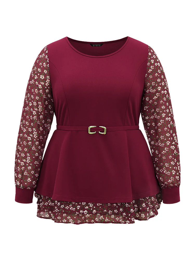 Ditsy Floral Patchwork Layered Metal Buckle Detail Blouse - Image 5