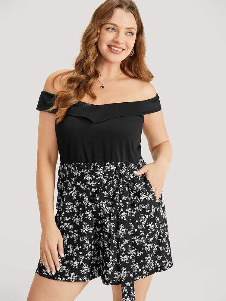 Ditsy Floral Patchwork Pocket Belted Off Shoulder Romper - Image 3