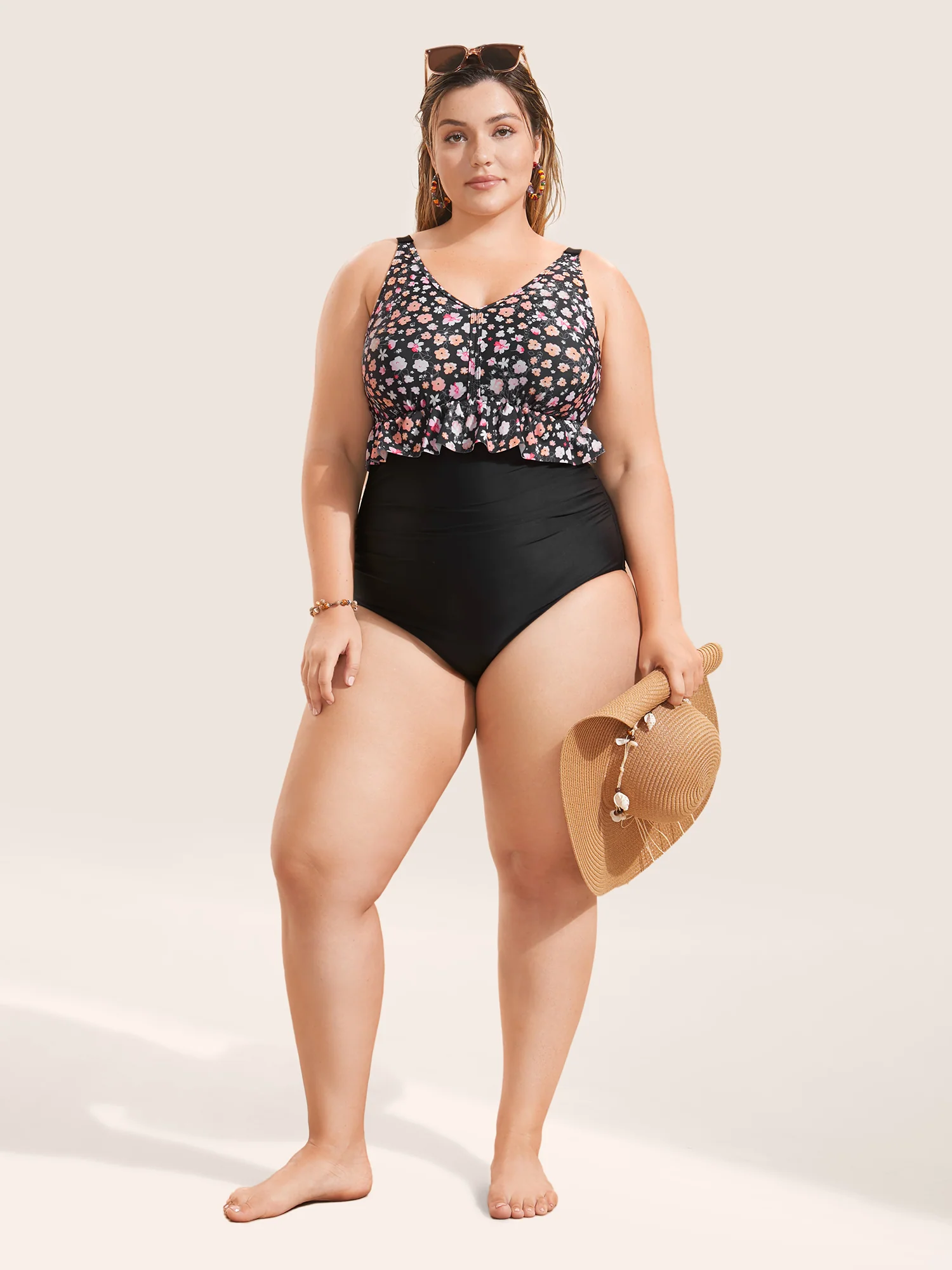 Ditsy Floral Patchwork Ruffle Trim One Piece Swimsuit - Image 3