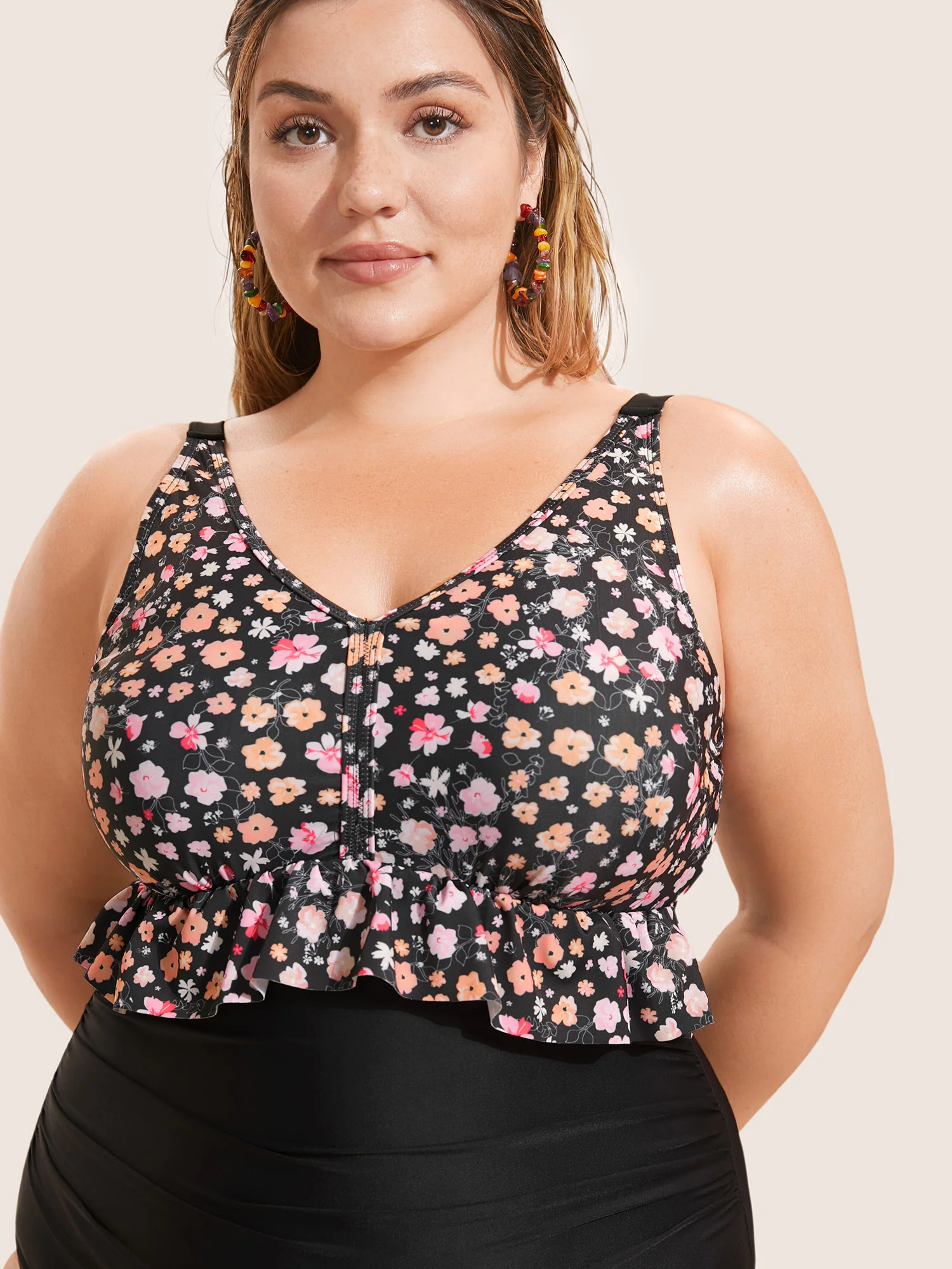 Ditsy Floral Patchwork Ruffle Trim One Piece Swimsuit - Image 4