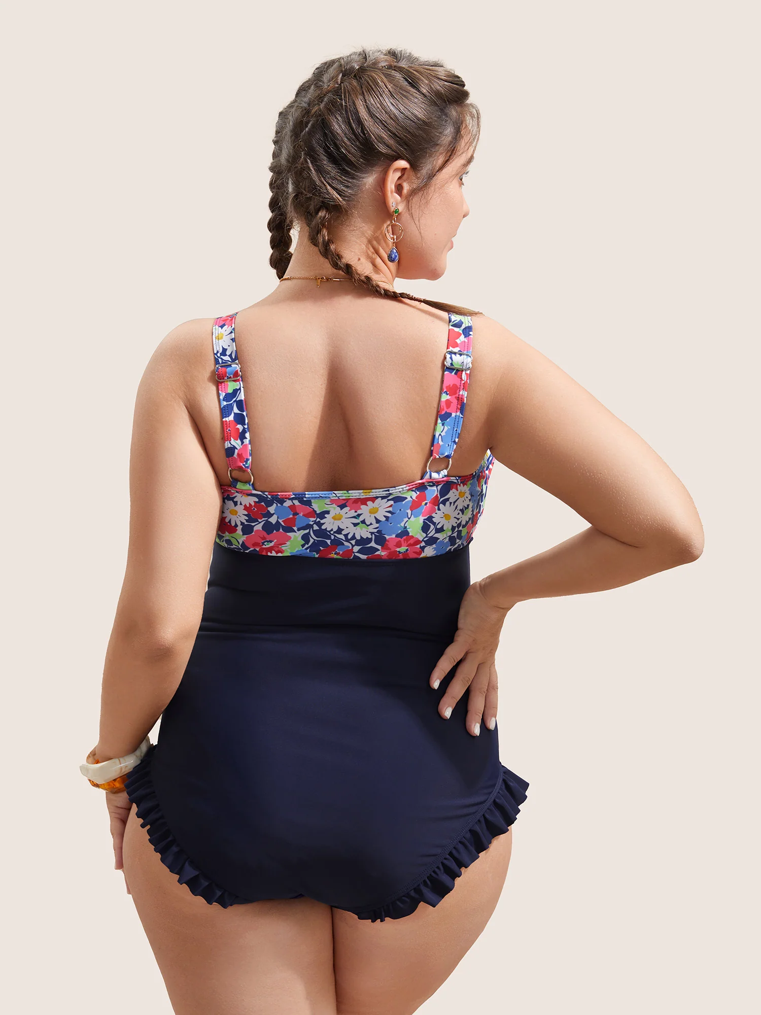 Ditsy Floral Patchwork Ruffles Gathered One Piece Swimsuit - Image 2