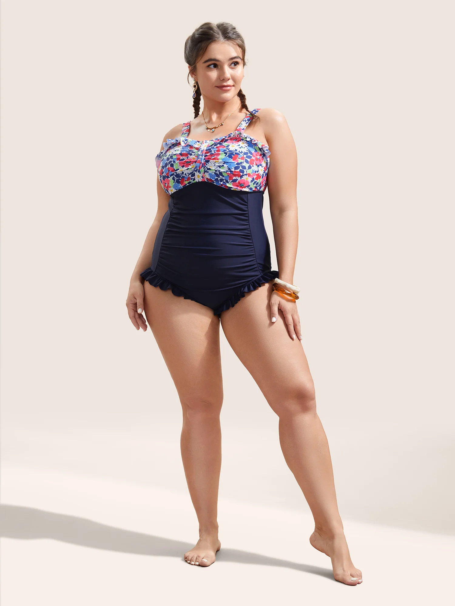 Ditsy Floral Patchwork Ruffles Gathered One Piece Swimsuit - Image 3