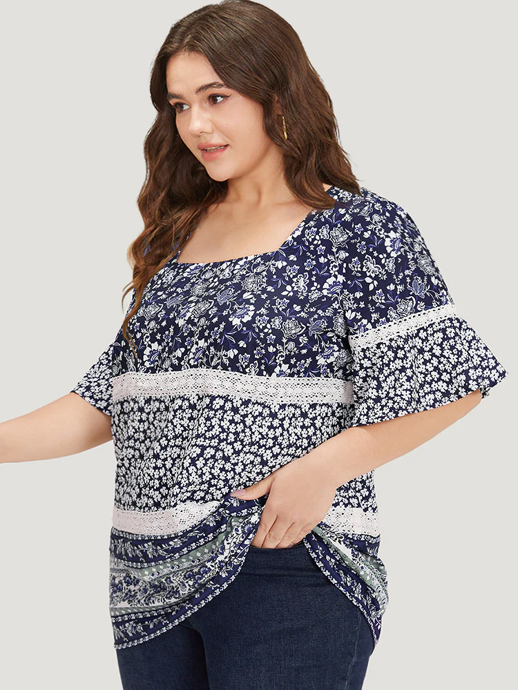 Ditsy Floral Patchwork Square Neck Flutter Sleeve Blouse - Image 2