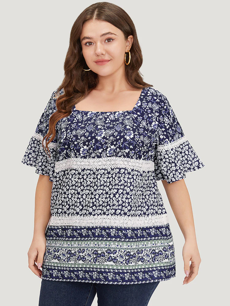 Ditsy Floral Patchwork Square Neck Flutter Sleeve Blouse - Image 3