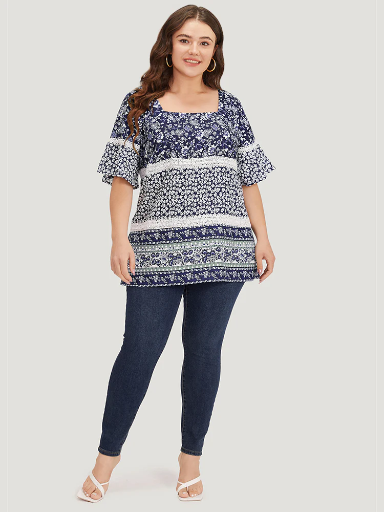 Ditsy Floral Patchwork Square Neck Flutter Sleeve Blouse - Image 4