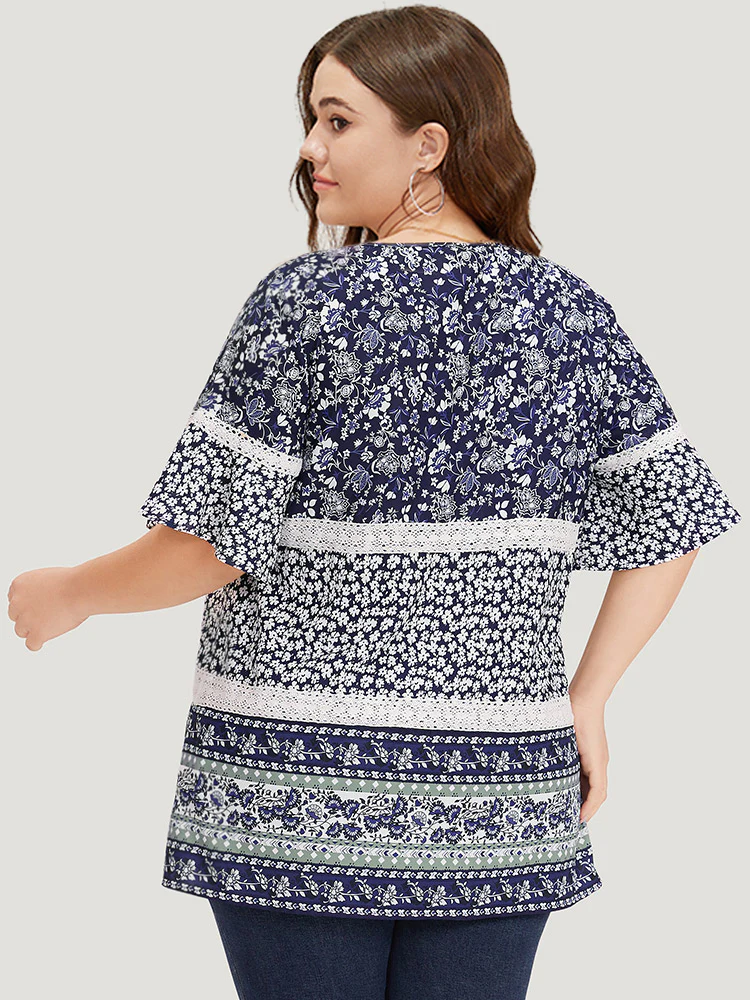 Ditsy Floral Patchwork Square Neck Flutter Sleeve Blouse - Image 5