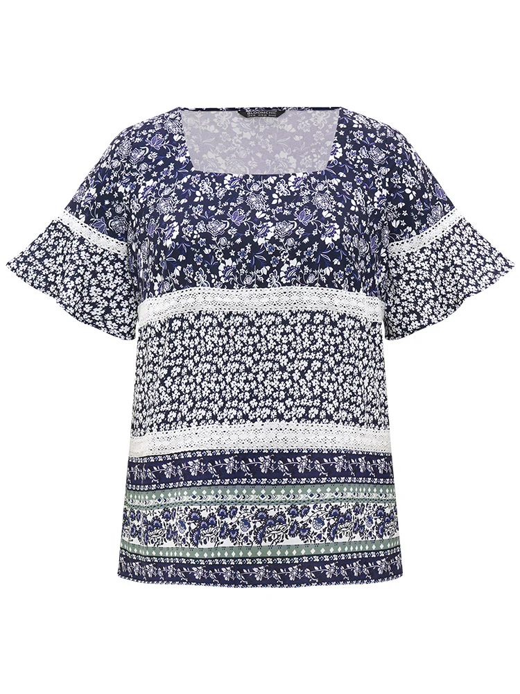 Ditsy Floral Patchwork Square Neck Flutter Sleeve Blouse - Image 9