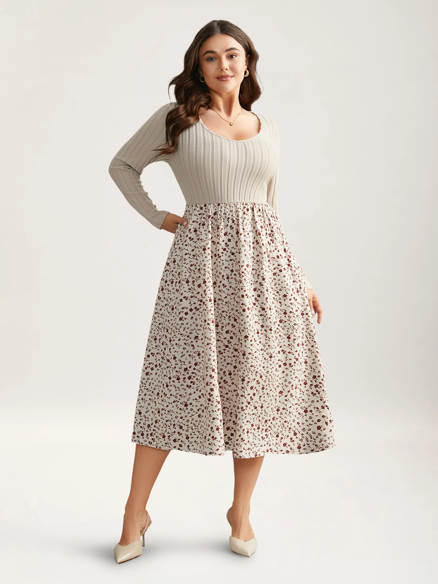 Ditsy Floral Patchwork Texture Midi Dress - Image 2