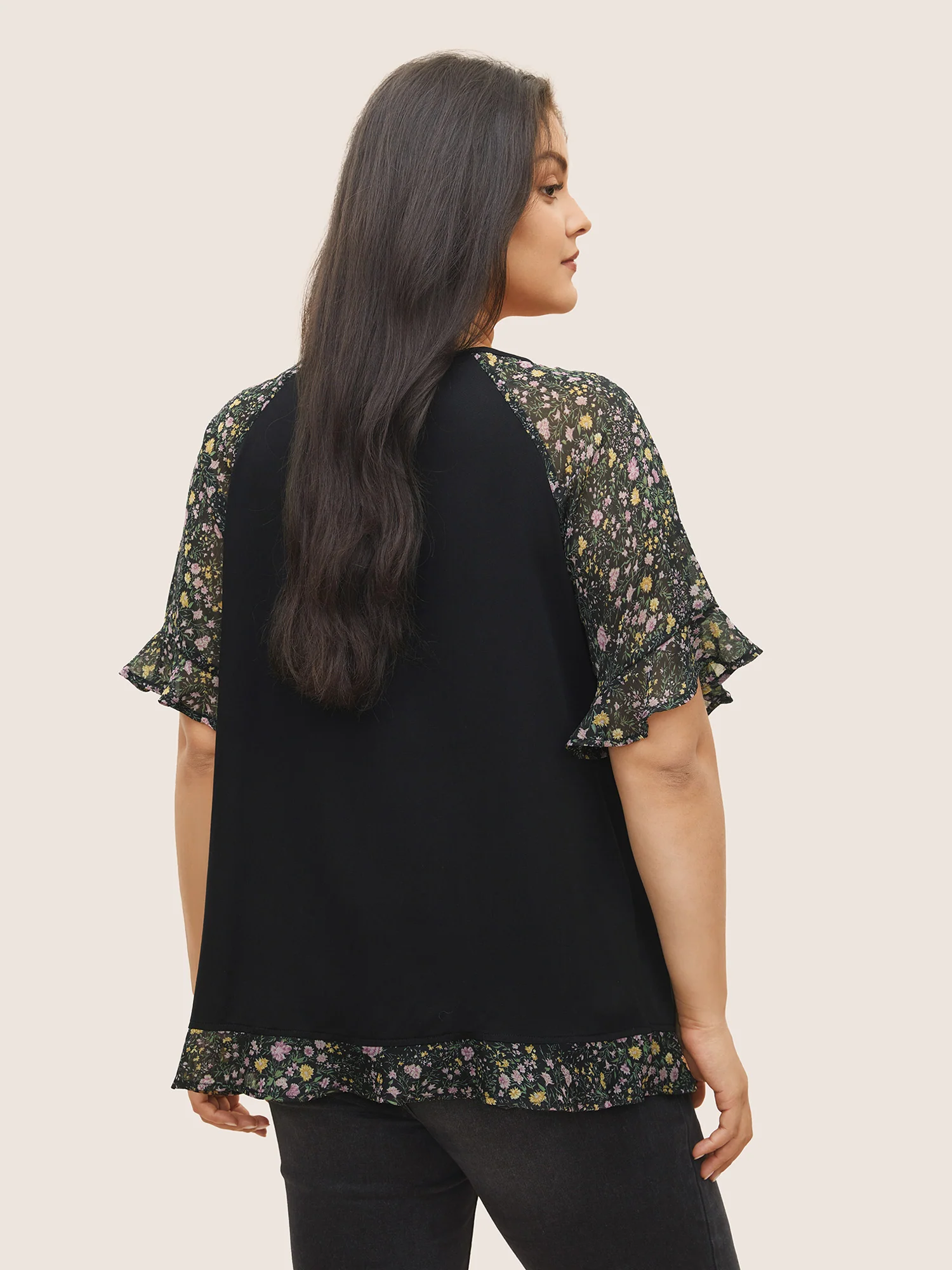 Ditsy Floral Patchwork Ties Flutter Sleeve Blouse - Image 4