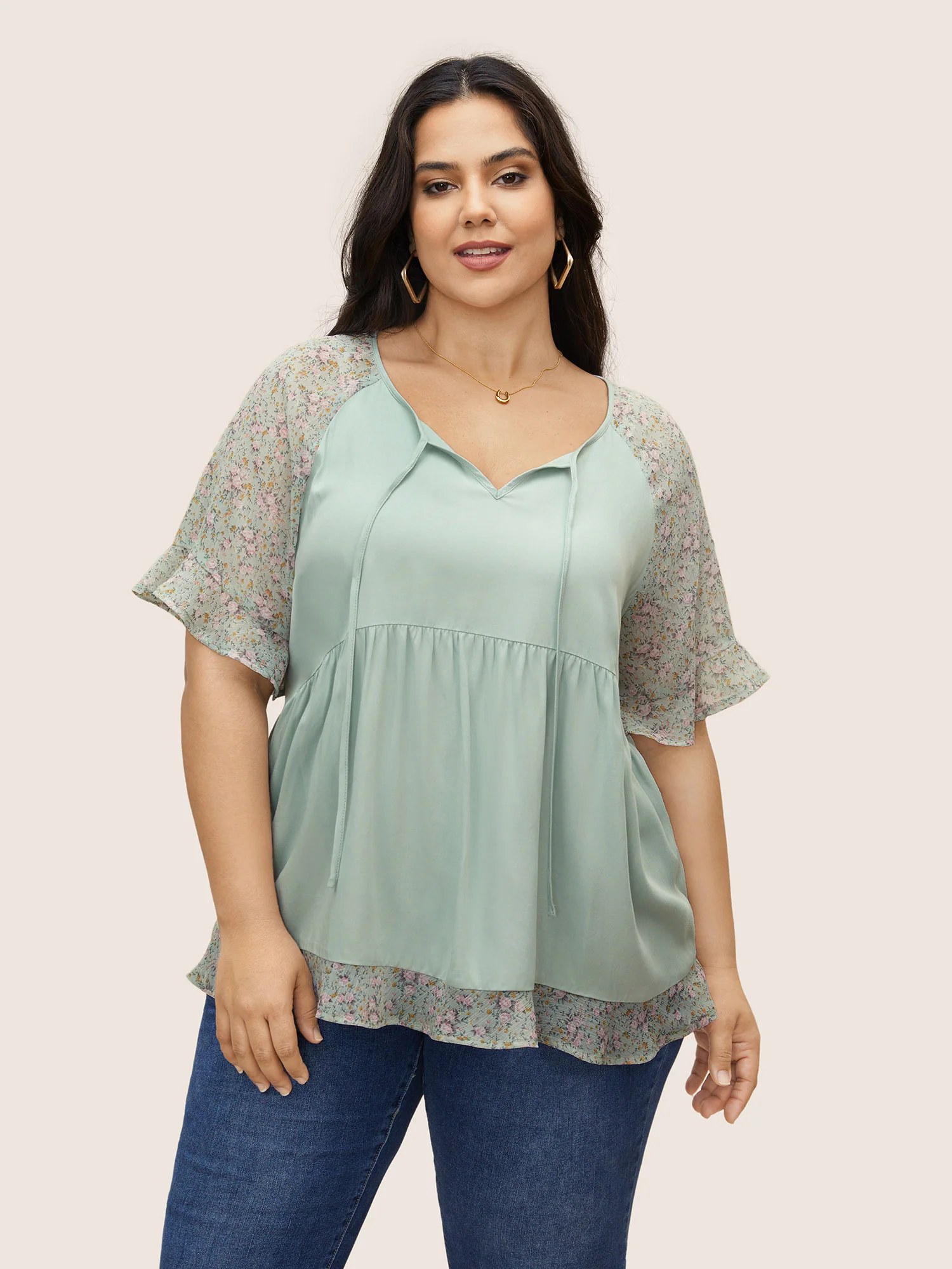 Ditsy Floral Patchwork Ties Flutter Sleeve Blouse - Image 8